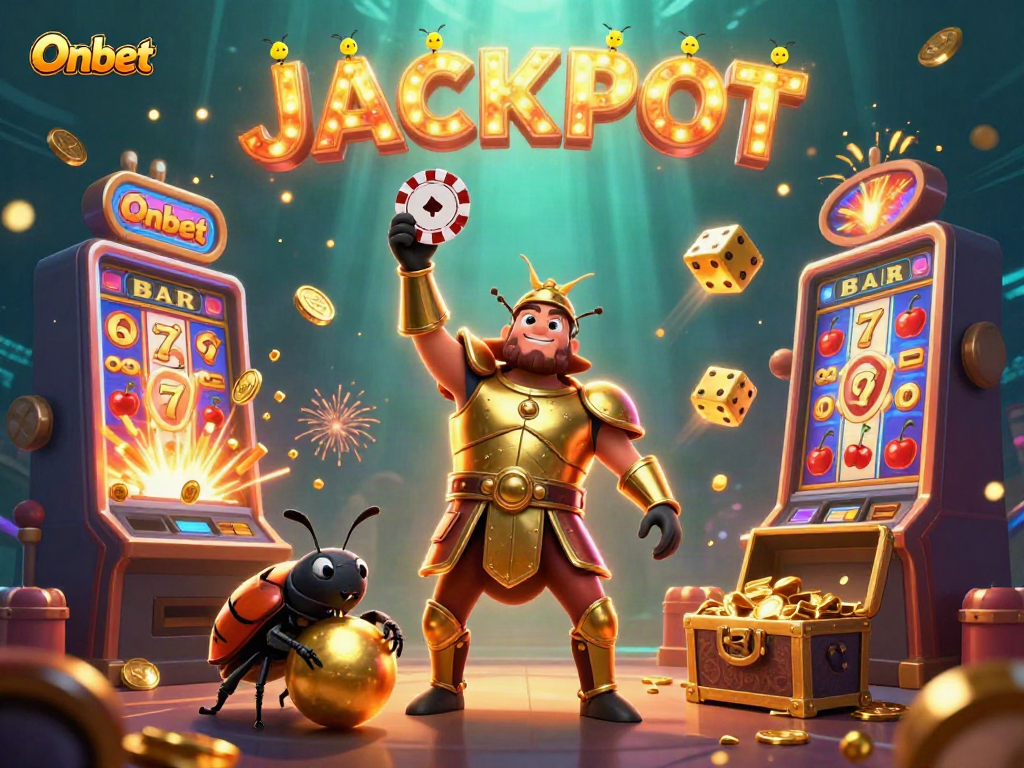 Onbet showcases exciting gaming with a heroic beetle lifting a poker chip, surrounded by casino elements