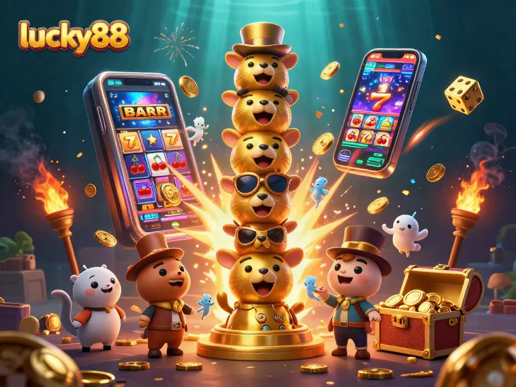 Experience the excitement of lucky88 with this vibrant 3D illustration of a casino totem pole and dynamic gaming elements.