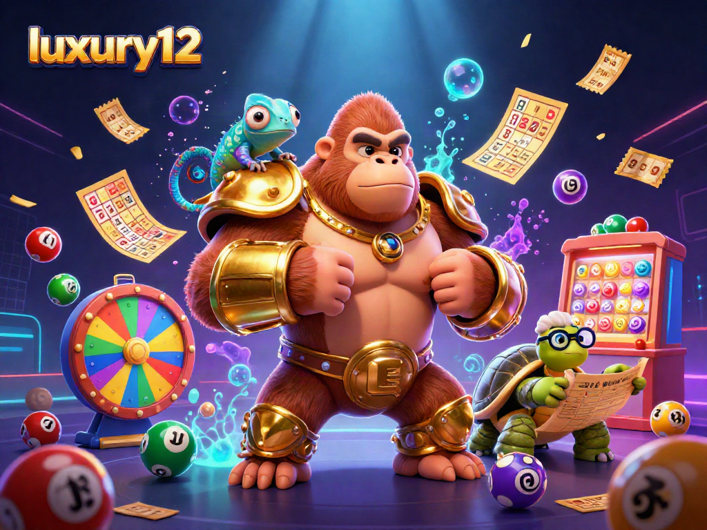 Engage in exciting lottery fun with luxury12, featuring vibrant balls, a dynamic gorilla, and thrilling casino elements.