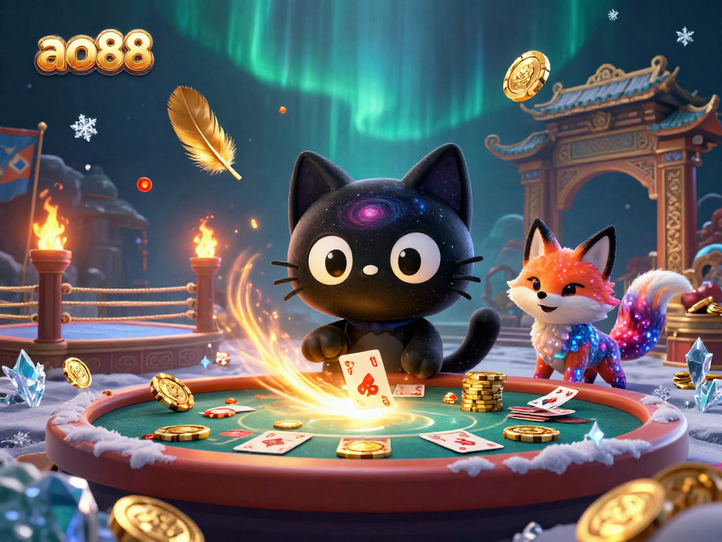 Experience ao88's cosmic casino magic with a black hole cat pulling in golden chips.