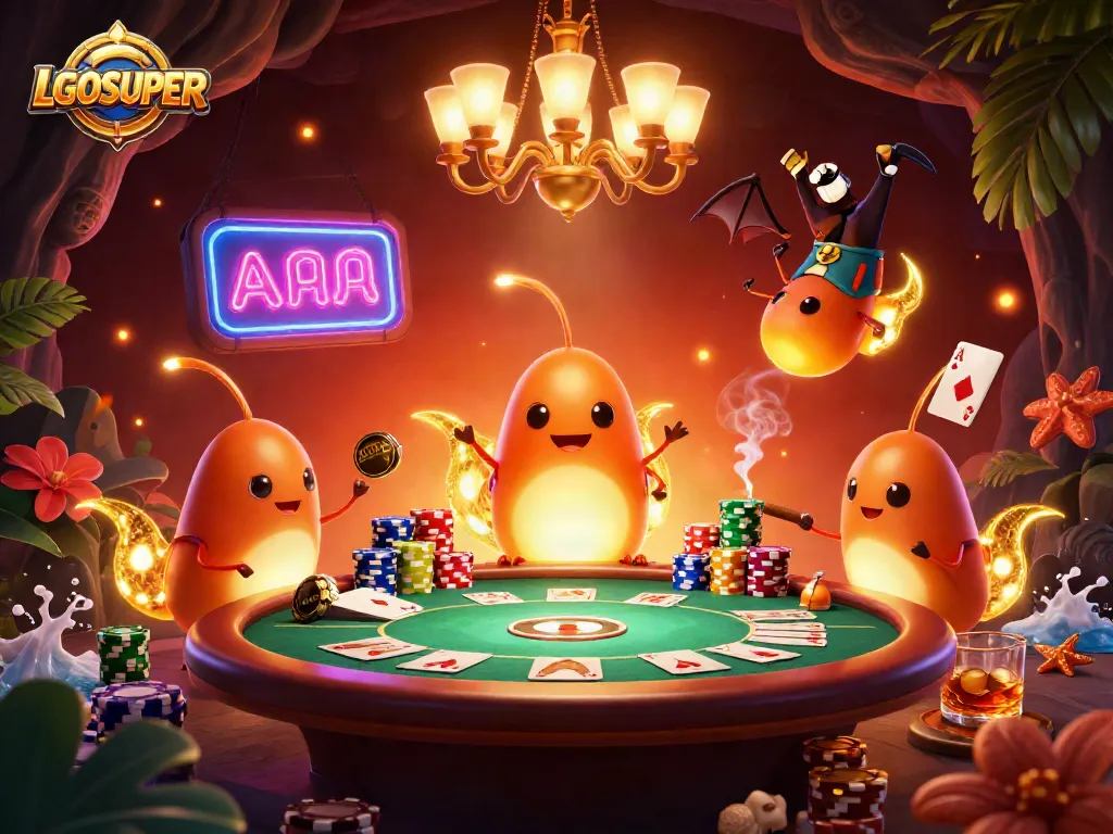 Experience the fun with LGOSUPER in a vibrant, animated casino scene filled with poker excitement.
