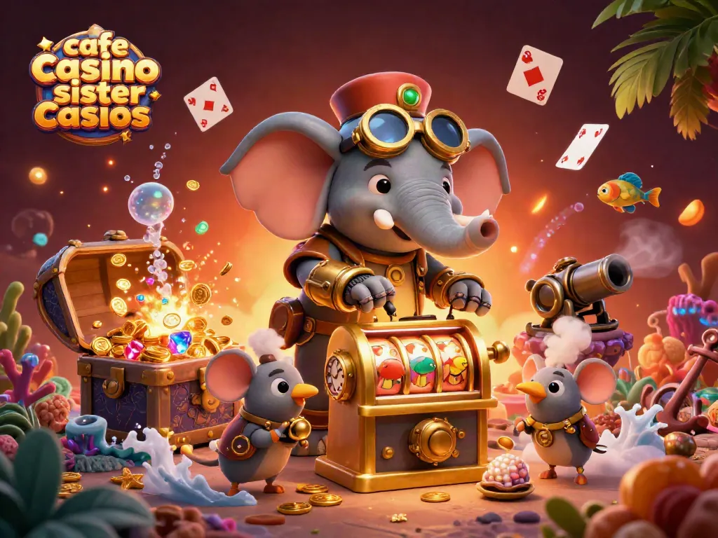Steampunk elephant engages players at cafe casino sister casinos with a vibrant gaming scene.
