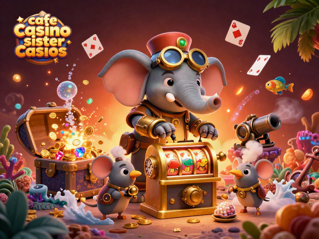Steampunk elephant engages players at cafe casino sister casinos with a vibrant gaming scene.