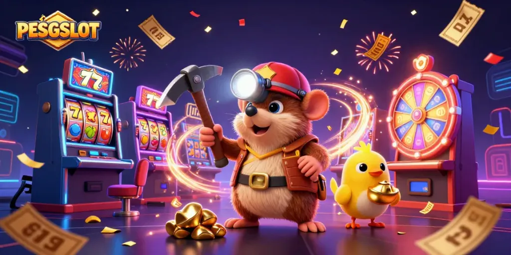 PESGSLOT highlights a treasure hunter mole amidst colorful slot machines and jackpots in a vibrant casino