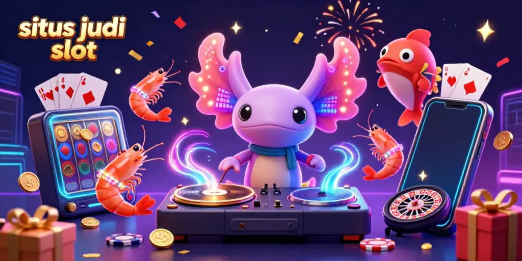 Gambarkan suasana menarik situs judi slot dengan karakter kartun 3D yang cerah.