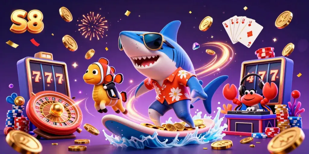 S8-themed 3D illustration of a shark surfing gold coins, set in a vibrant casino scene