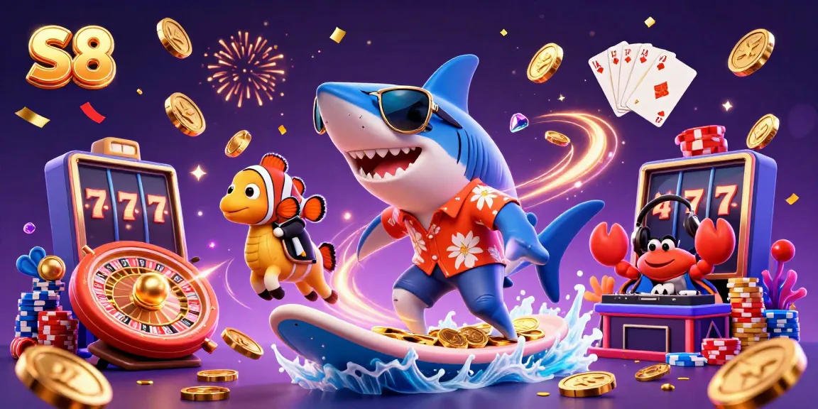 S8-themed 3D illustration of a shark surfing gold coins, set in a vibrant casino scene