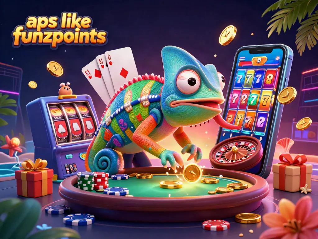Engage with apps like funzpoints through a vibrant 3D casino scene showcasing colorful slots and playful characters.