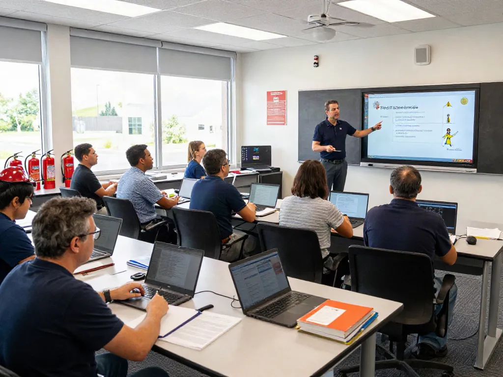 CFPS Certification Saudi Arabia training scene with engaged professionals learning fire safety strategies in a modern classroom