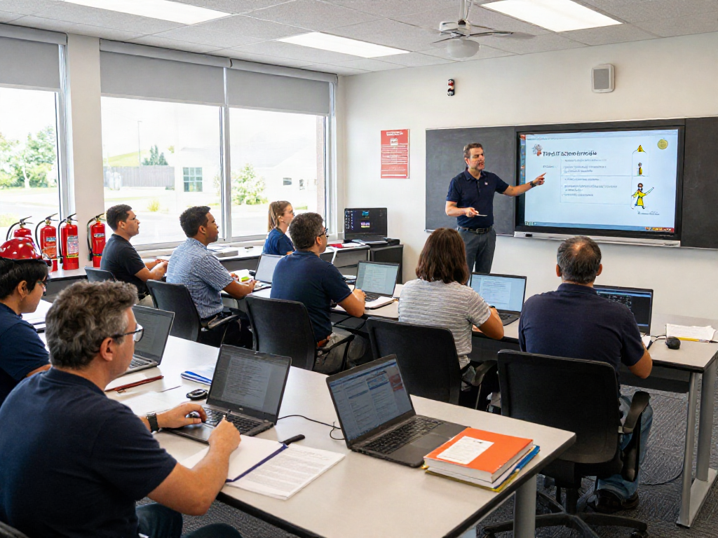 CFPS Certification Saudi Arabia training scene with engaged professionals learning fire safety strategies in a modern classroom