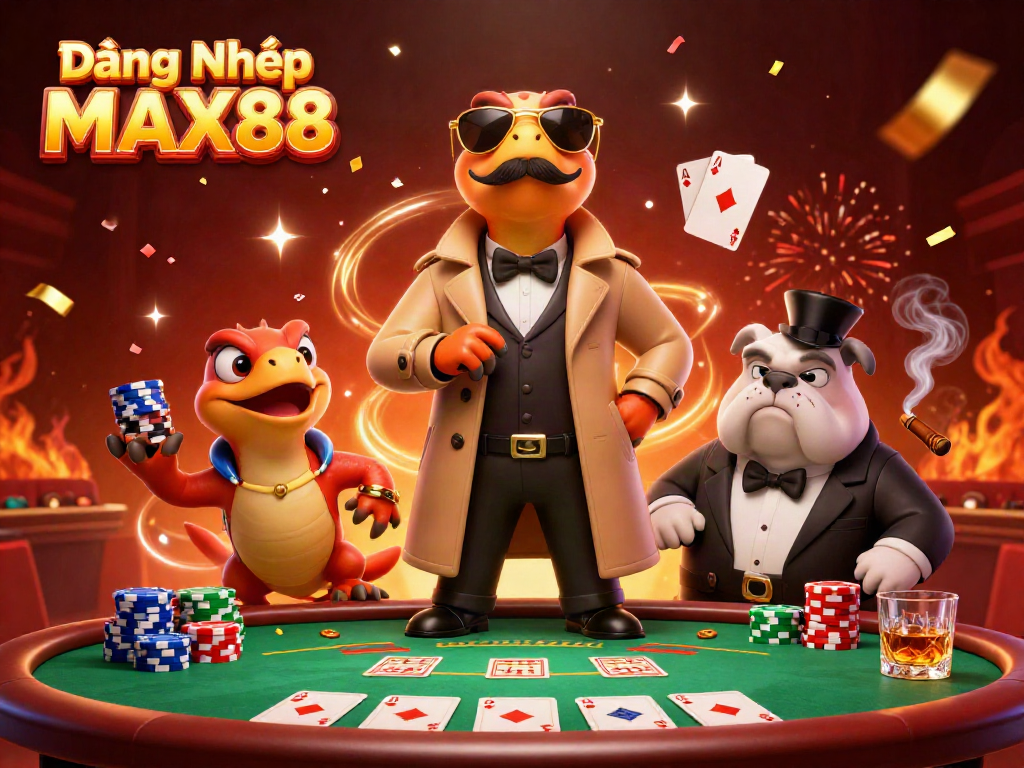 Experience the thrill of Đăng Nhập MAX88 with raptors in disguise entering a VIP lounge amid a vibrant casino atmosphere.
