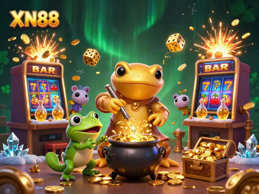 Experience the thrilling world of XN88 with a vibrant illustration of an alchemist turning metals into gold coins amidst dynamic casino elements.