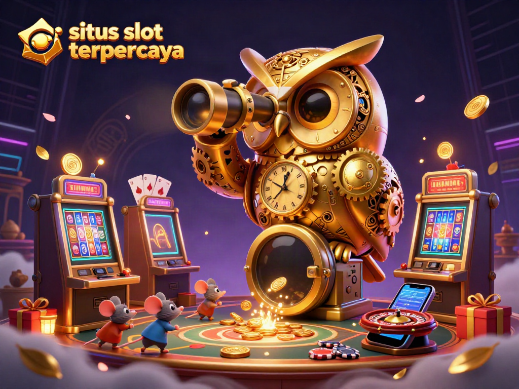 Situs slot gacor terpercaya shows a golden owl overlooking a lively casino full of slot machines and playful mice.