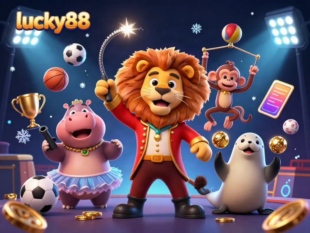 Engage your luck at lucky88 with a vibrant circus scene of gaming excitement featuring a lion, hippo, monkey, and seal.