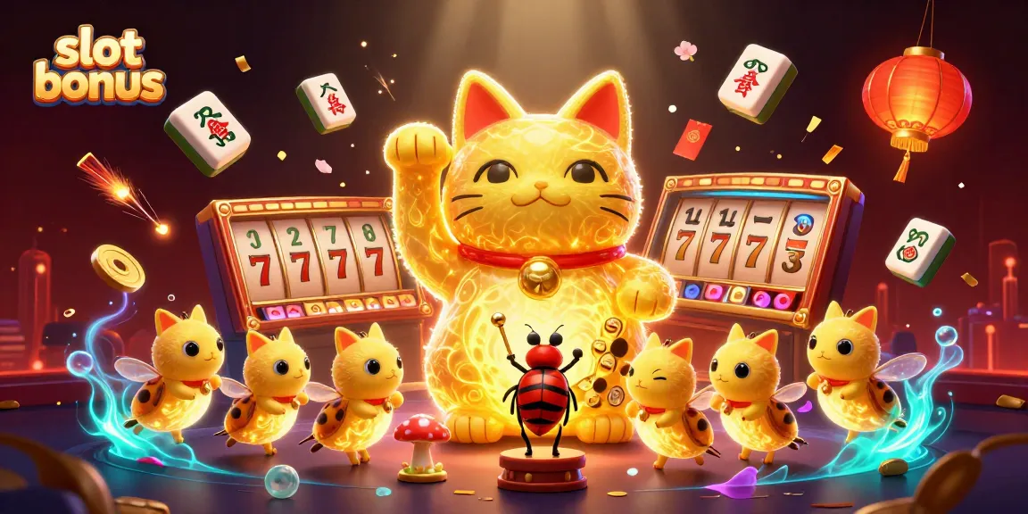 Experience the exciting slot bonus opportunities amidst a vibrant 3D illustration of casino elements.
