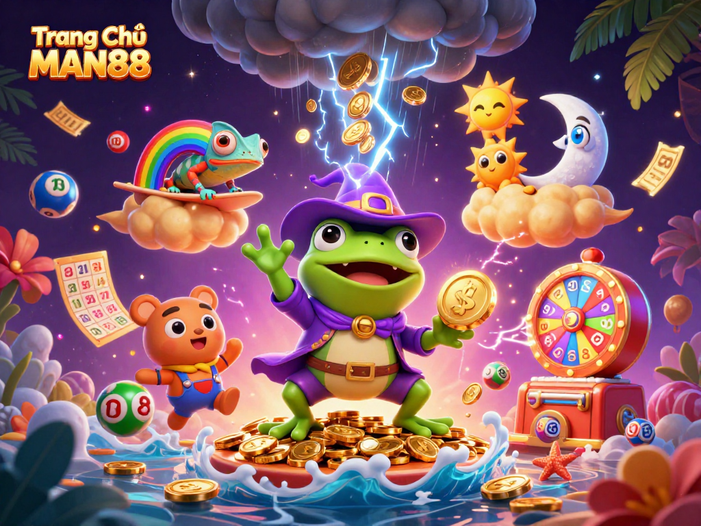 Experience excitement at Trang Chủ MAN88 with vibrant 3D casino illustration depicting thrilling gambling elements.