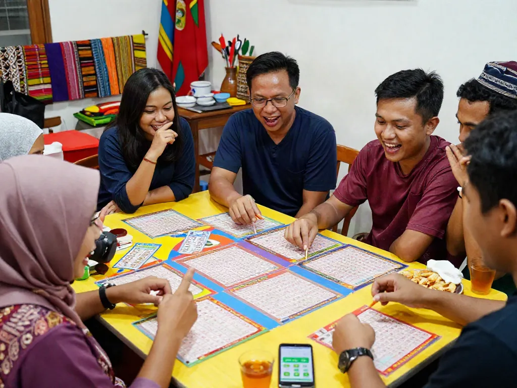 Friends enjoying a nyonya4d lottery gathering with vibrant decorations and snacks.