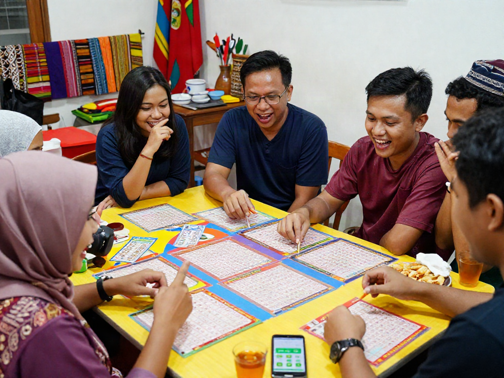 Friends enjoying a nyonya4d lottery gathering with vibrant decorations and snacks.