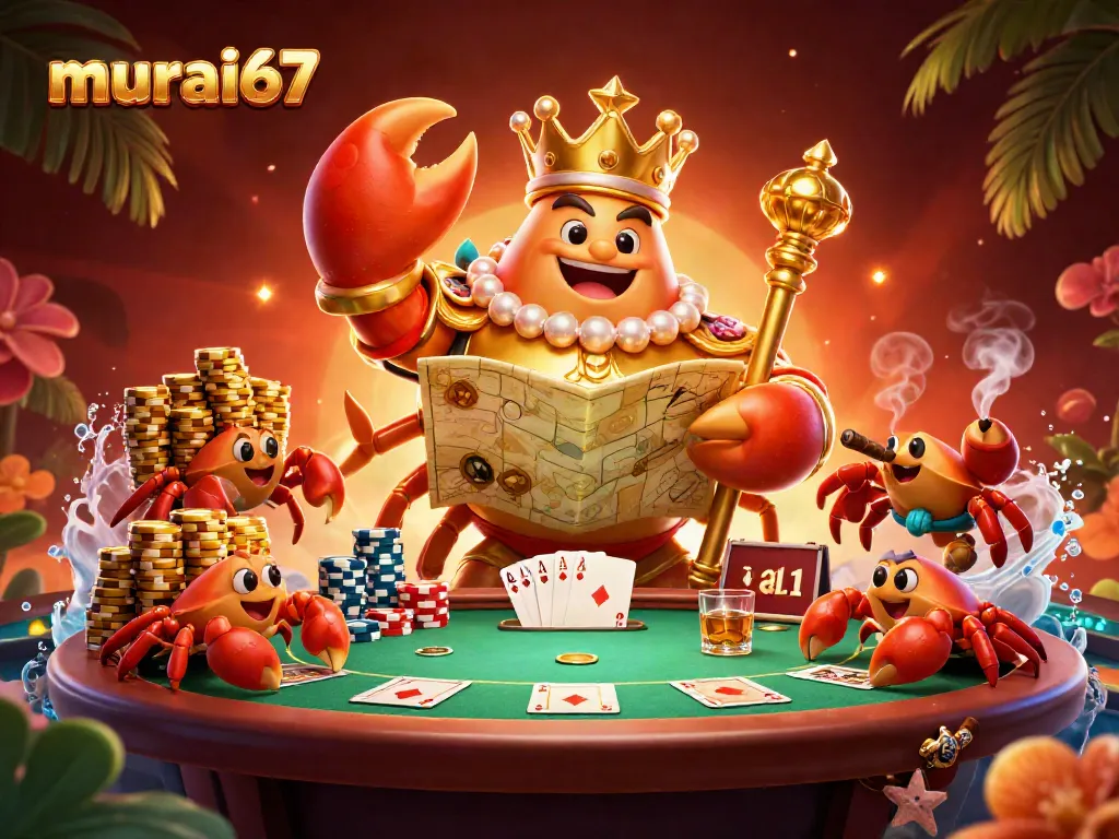 Experience the thrill of murai67 in vibrant 3D casino action with a golden crab emperor and poker elements.
