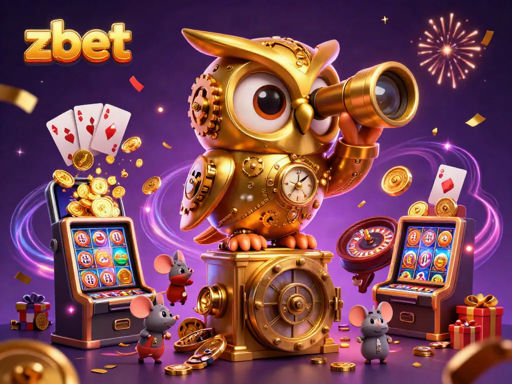 Experience thrilling excitement at zbet with a golden owl scanning the casino floor, brimming with gaming elements.