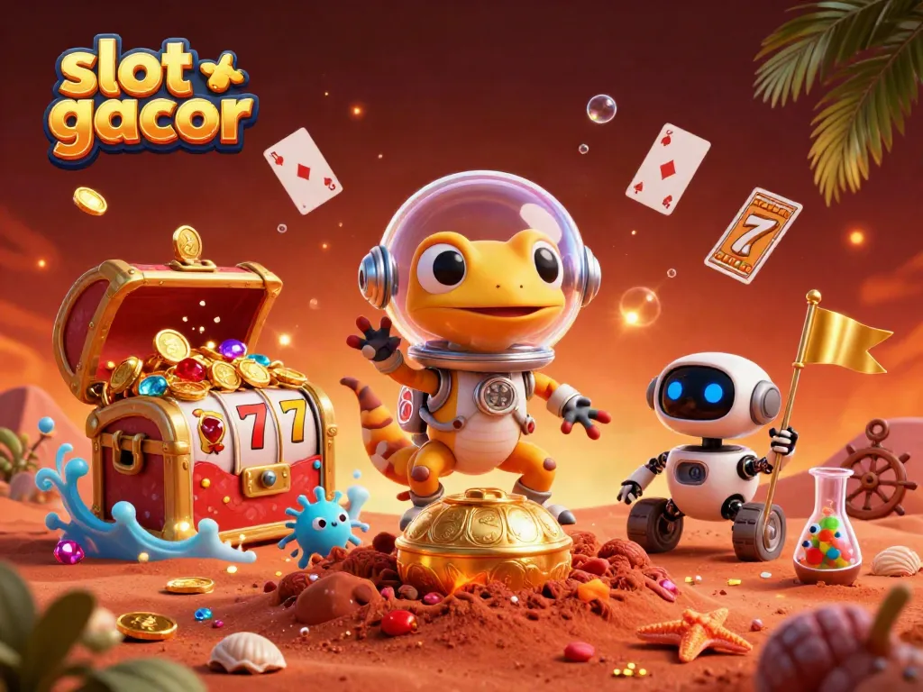 Experience slot gacor excitement with a Martian gecko and casino treasures in a vibrant illustration.