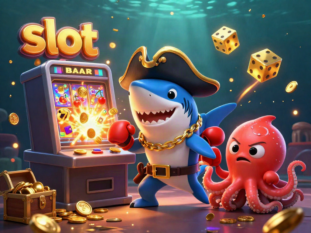 Experience thrilling slot action with a vibrant 3D casino scene featuring playful characters.
