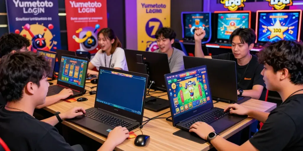 Excited players enjoying Yumetoto Login gaming experience with interactive devices in a vibrant online atmosphere.