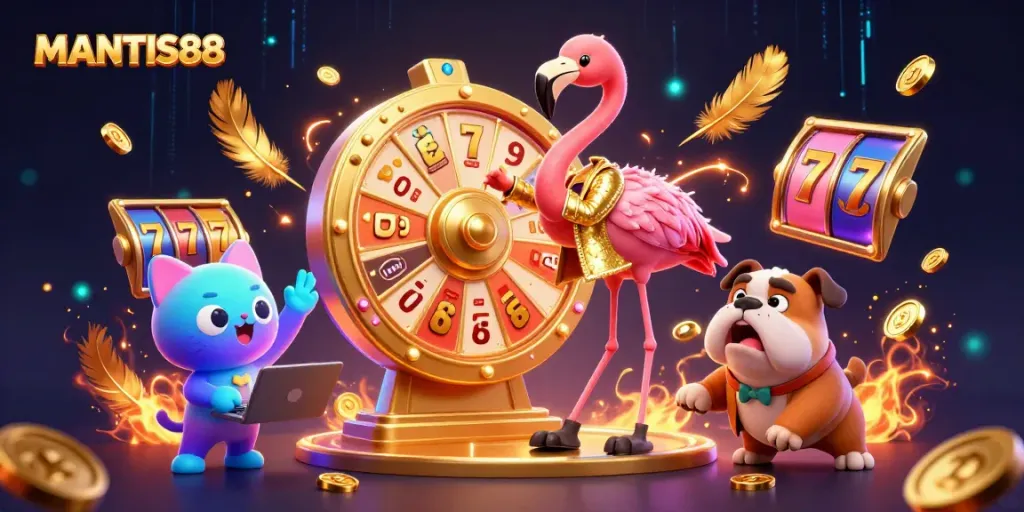 MANTIS88 captures thrilling casino excitement with a colorful game show scene featuring a flamingo host and bulldog contestant.