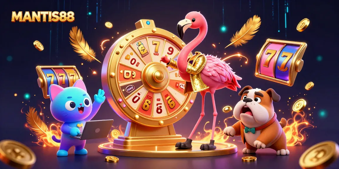 MANTIS88 captures thrilling casino excitement with a colorful game show scene featuring a flamingo host and bulldog contestant.