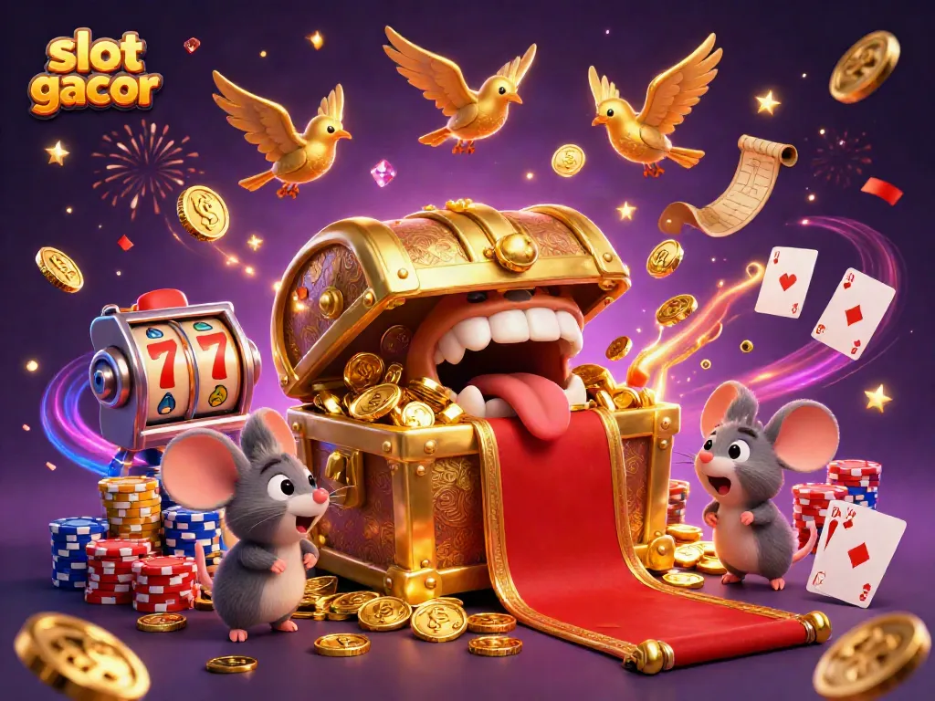 Experience slot gacor excitement with a rich 3D illustration of animated casino treasures.