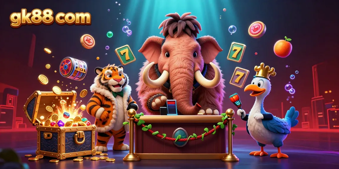 Experience thrilling slots at gk88 com with cartoon mammoth bouncer and vibrant casino elements.