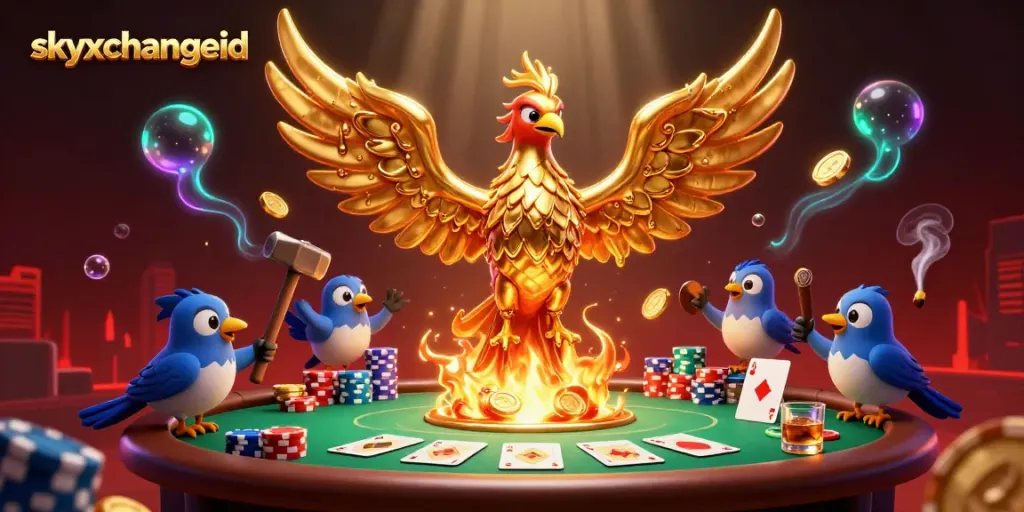Experience thrilling poker moments at skyxchangeid with a molten phoenix representing winning bets.