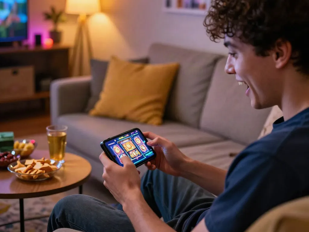 Pengguna https://martoto.ink/ menikmati permainan slot di smartphone dalam suasana nyaman di rumah.