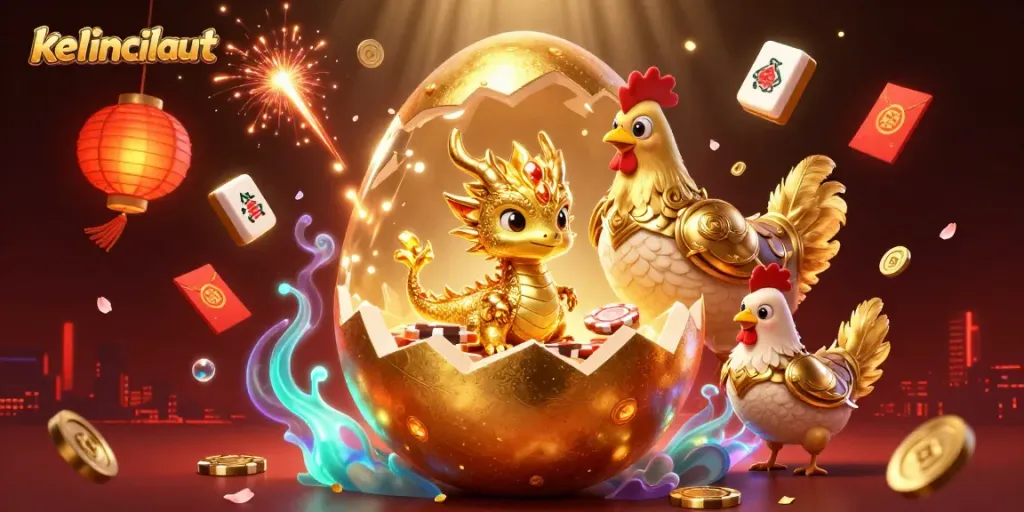Play and win big at kelincilaut with a mesmerizing 3D gaming scene showcasing golden treasures and vibrant game elements.