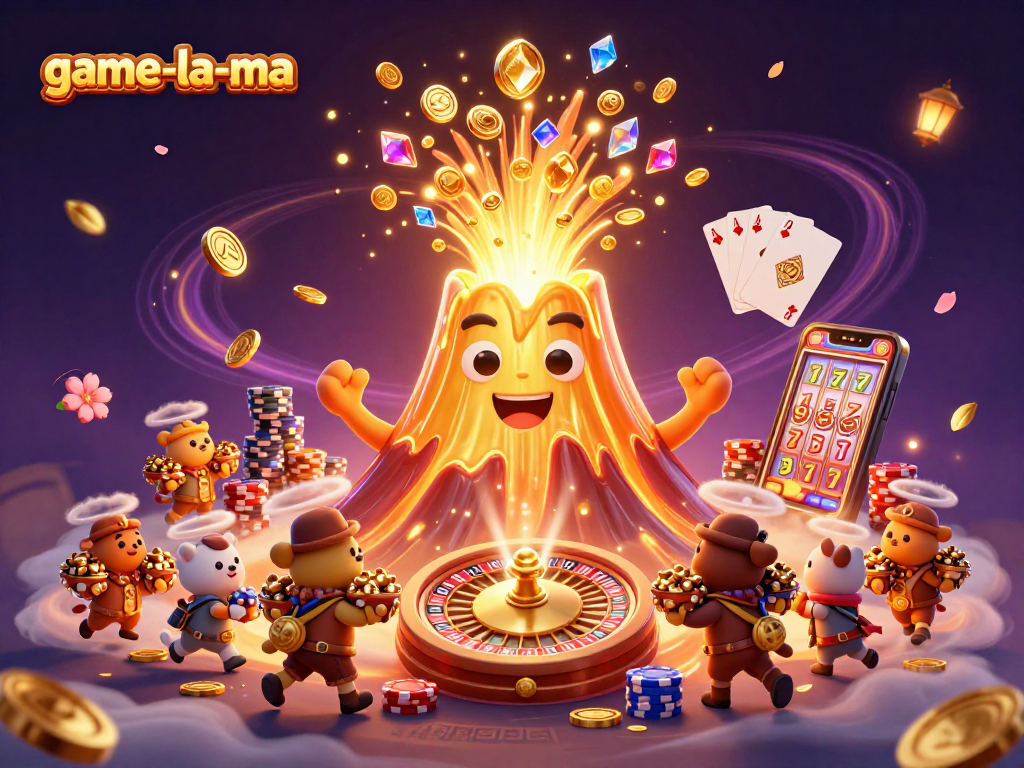 Engage in the thrill of gaming at game-la-ma with a vibrant 3D casino scene featuring a golden volcano and treasures.