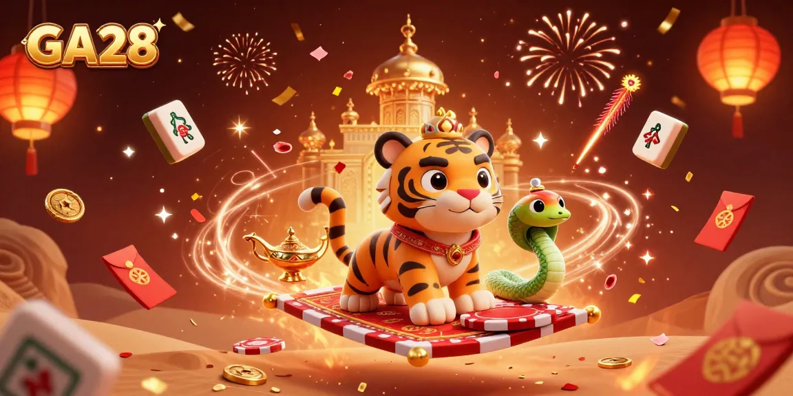Experience thrilling gaming at GA28 with vibrant illustrations featuring a magical sultan and casino elements.