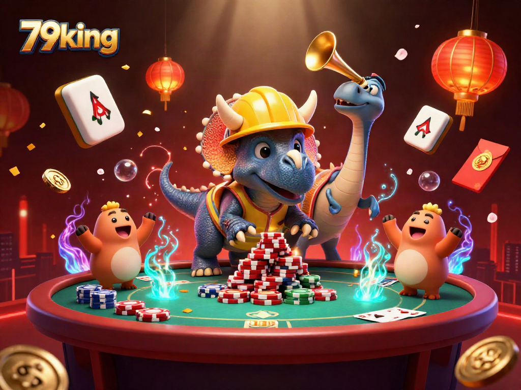 Engage with 79king's exciting casino scene featuring a triceratops and thrilling poker elements.