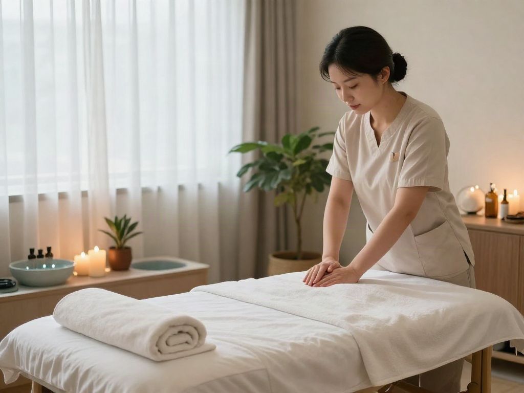 Relaxing therapy room setup for 성북구출장마사지 featuring a massage table and calming decor.